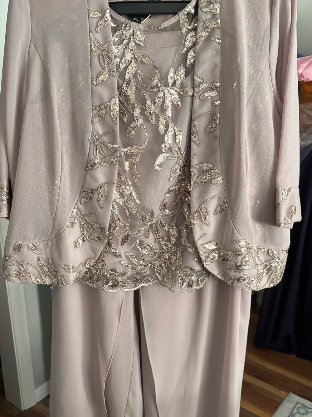Embellished Taupe Women's Pantsuit with Metallic Leaf Detail